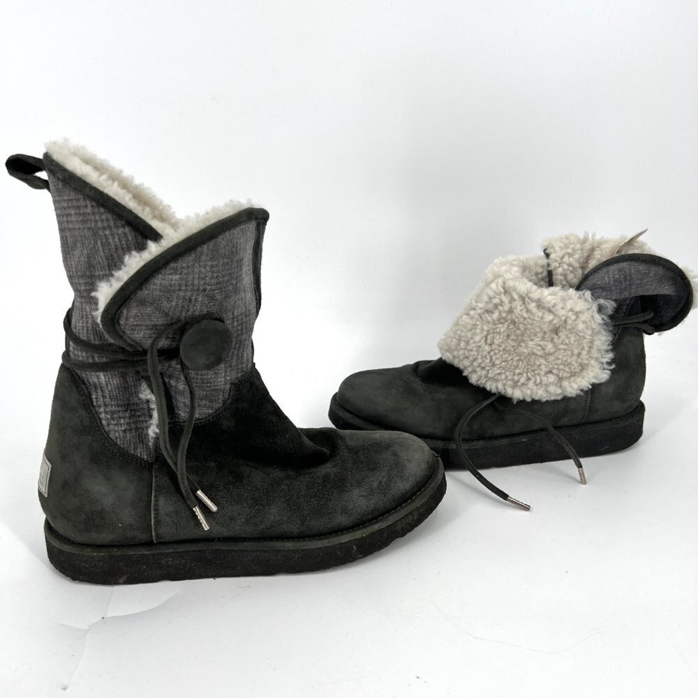 UGG Byanca Gray Suede Leather Sherpa Plaid Foldover‎ Button Boots Size 6 - Picture 2 of 10